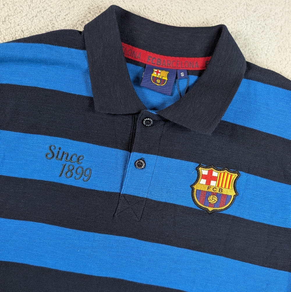 FC Barcelona Polo Shirt Mens Small‎ Blue Black Striped Crest Soccer NWT